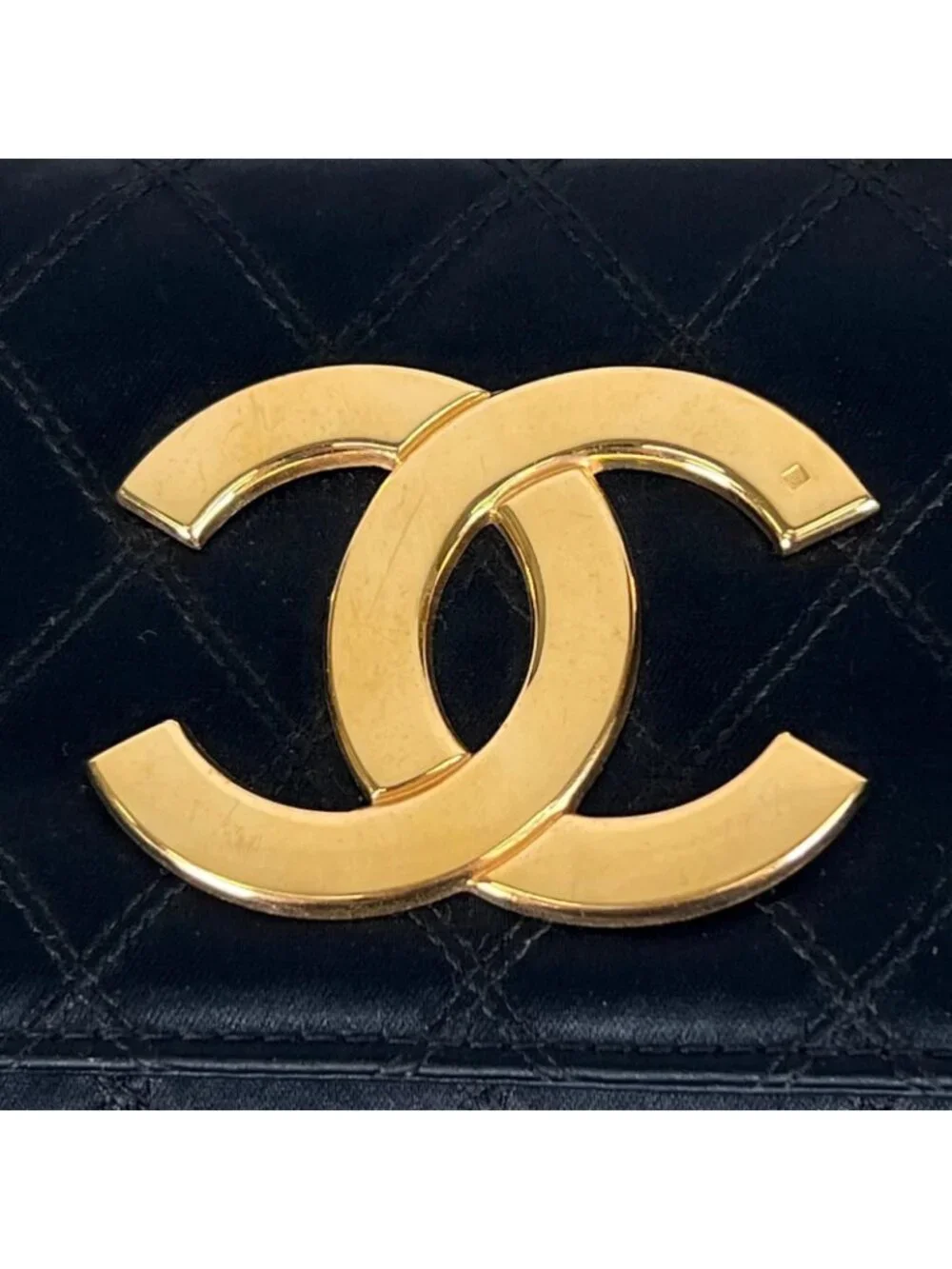 Chanel Large CC Logo Quilted Chain Shoulder Bag Satin Black